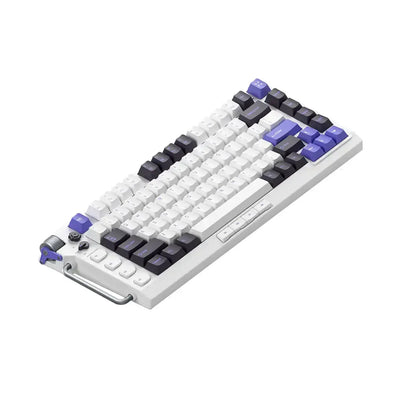 Klawiatura mechaniczna z białymi, czarnymi i fioletowymi keycapami, ergonomiczny design