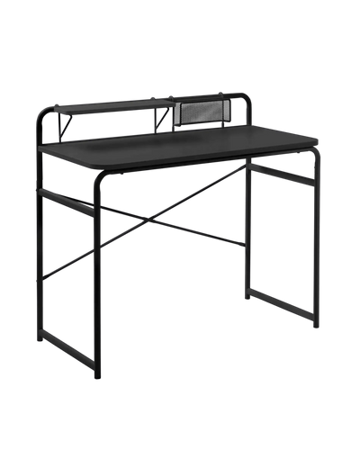 Czarny biurko metalowe z półką do home office, minimalistyczny design, stanowisko pracy.