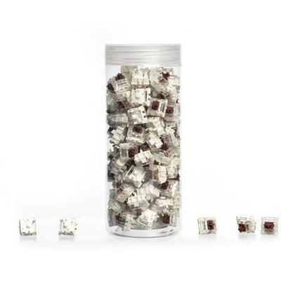 Brązowe switche mechaniczne Gateron Jupiter w przezroczystym pojemniku, akcesoria do klawiatury