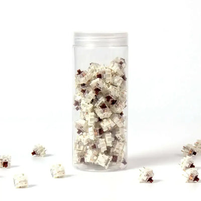 Przełączniki mechaniczne Gateron Silent Brown w przezroczystym pojemniku na białym tle.