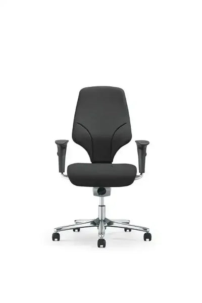 Czarny ergonomiczny fotel biurowy na kółkach, regulowane podłokietniki, wygodne siedzisko