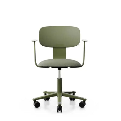 Zielone krzesło biurowe na kółkach, minimalistyczny design, ergonomiczne siedzisko