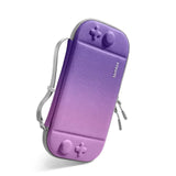 Fioletowe etui na konsolę do gier z paskiem na ramię, stylizowane na gamepad, zamykane na suwak