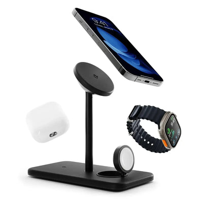 Czarna, wielofunkcyjna ładowarka bezprzewodowa na telefon, smartwatch i słuchawki do biura
