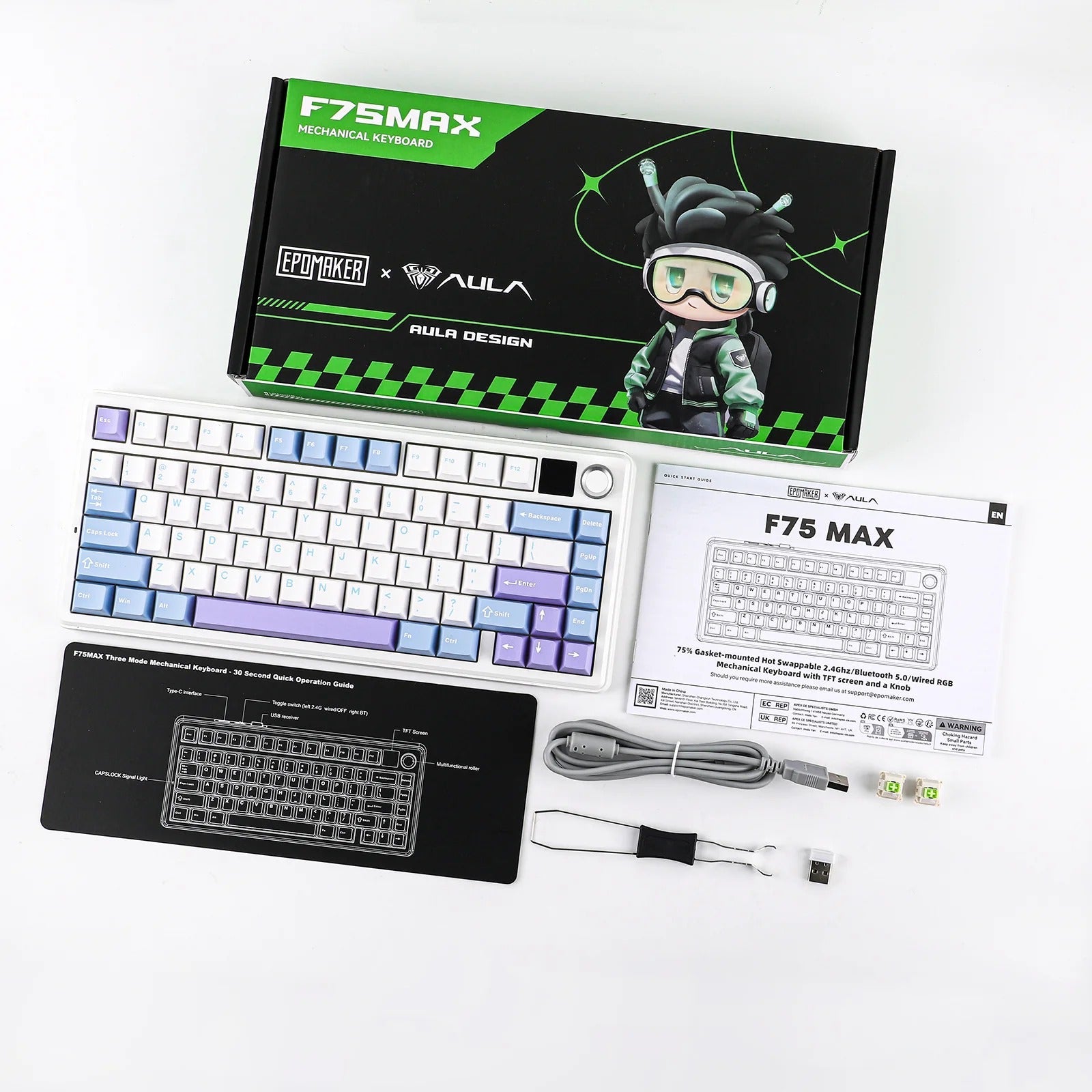 AULA - F75 MAX Mechanical Keyboard with TFT Screen - Klawiatura Mechaniczna - White + Blue
