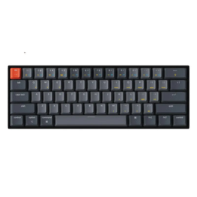 Kompaktowa klawiatura mechaniczna, ciemnoszare keycapy, czerwony klawisz ESC, układ 65%.