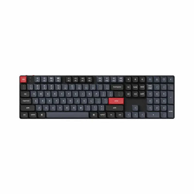 Klawiatura mechaniczna full size hot-swap z ciemnymi keycapami i czerwonymi klawiszami enter i esc