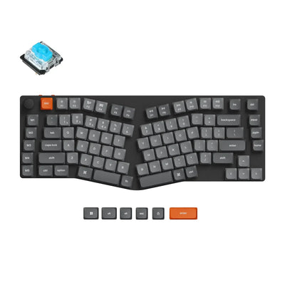 Mechaniczna klawiatura ergonomiczna bezprzewodowa, układ ortolinearny, klawisze Gateron Blue, wymienne keycapy.