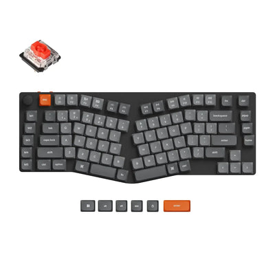 Ergonomiczna, ultracienka klawiatura mechaniczna bezprzewodowa z szarymi i pomarańczowymi klawiszami, dodatkowe keycapy i switch Gateron Red