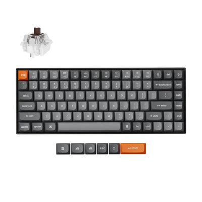 Klawiatura mechaniczna 75%, podświetlana RGB, z brązowymi switchami i wymiennymi keycapami.