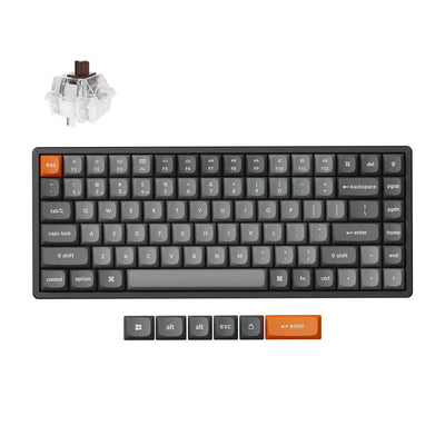 Czarna klawiatura mechaniczna 75%, podświetlana RGB, z dodatkowymi keycapami i brązowym switchem.