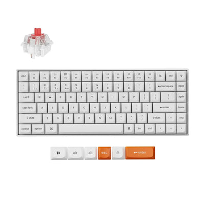 Klawiatura mechaniczna bezprzewodowa z aluminiową obudową, czerwony switch, białe i pomarańczowe keycapy.