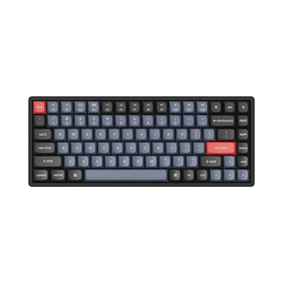 Klawiatura mechaniczna aluminiowa, niskoprofilowa, szaro-czarne keycapy, klawisze ESC i Enter czerwone.