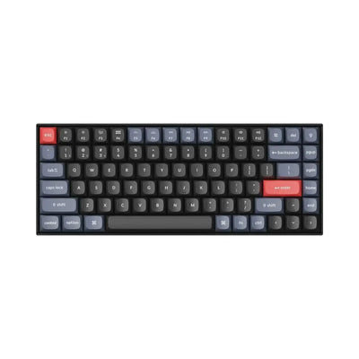 Klawiatura mechaniczna kompaktowa z kolorowymi keycapami, przyciski ESC i Enter w czerwonym kolorze.