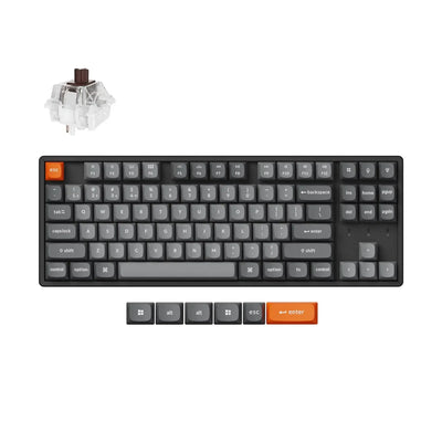 Klawiatura mechaniczna TKL z podświetleniem RGB, ciemnoszare keycapy, wymienne klawisze.