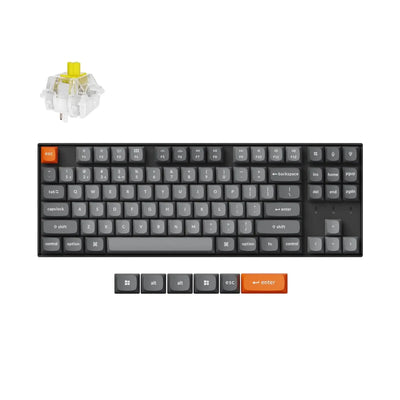Klawiatura mechaniczna TKL z podświetleniem RGB, ciemne keycapy, żółty switch, wymienne klawisze.