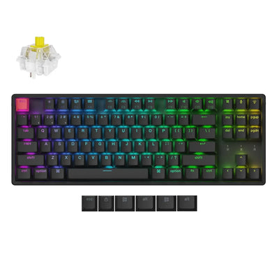 Klawiatura mechaniczna bezprzewodowa RGB z aluminiową ramą i żółtym switchem banana, keycapy zapasowe
