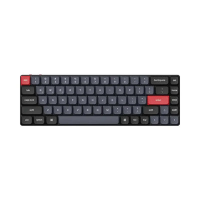 Klawiatura mechaniczna kompaktowa z ciemnymi keycapami i czerwonymi klawiszami enter i esc