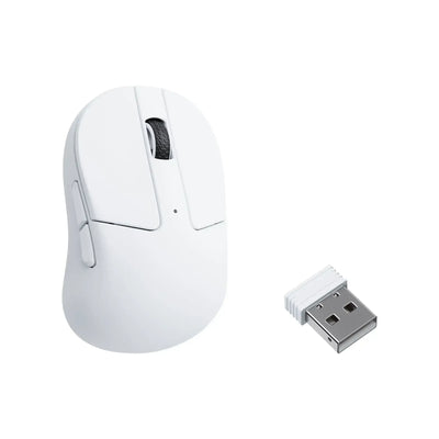 Biała mysz bezprzewodowa z odbiornikiem USB, ergonomiczny design, akcesoria biurowe