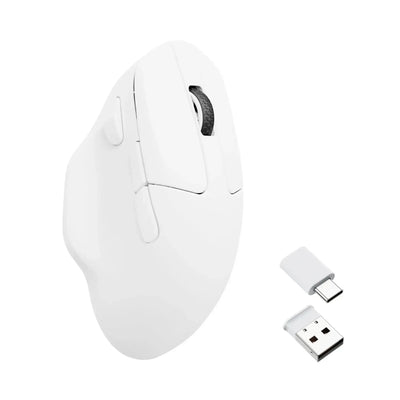 biała mysz bezprzewodowa ergonomiczna z adapterami USB i USB-C do biura