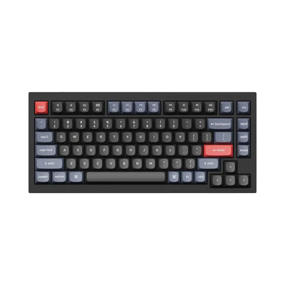 Klawiatura mechaniczna w kolorze czarnym z kolorowymi keycapami, układ 75%.