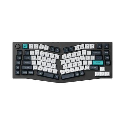 Czarna klawiatura mechaniczna aluminiowa z ergonomicznym układem Alice i pokrętłem, keycapy w odcieniach szarości