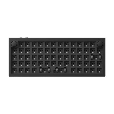 Czarna aluminiowa obudowa klawiatury mechanicznej ortholinear z pokrętłami, barebone, widok z góry