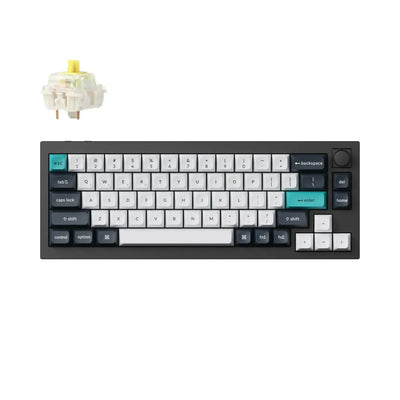 Czarna klawiatura mechaniczna 65% z pokrętłem i klawiszami w odcieniach szarości oraz switch Gateron Banana.