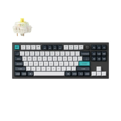 Klawiatura mechaniczna TKL 80% z pokrętłem, aluminiowa, czarno-szara z keycapami, obok switch typu banana.