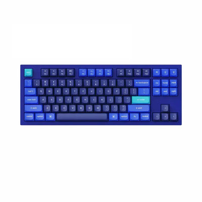 Niebieska klawiatura mechaniczna TKL z kolorowymi keycapami, idealna do home office
