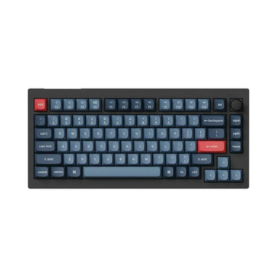 Klawiatura mechaniczna TKL z ciemnoszarymi i czerwonymi keycapami, pokrętło w prawym górnym rogu