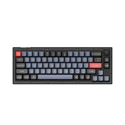 Klawiatura mechaniczna TKL z pokrętłem, czarna obudowa, kolorowe klawisze, nowoczesny design
