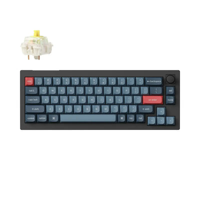 Klawiatura mechaniczna 65% z pokrętłem, niebieskie i czerwone keycapy, switch Gateron Banana