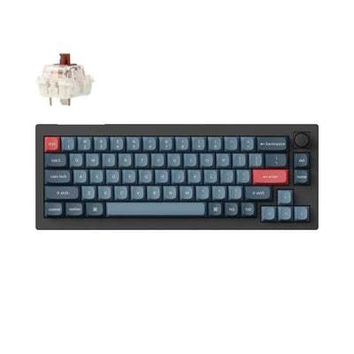 mechaniczna klawiatura bezprzewodowa 65% z pokrętłem, niebieskie i czerwone keycapy, switch brązowy