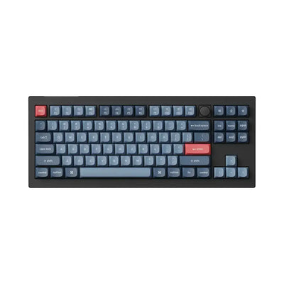 Czarna klawiatura mechaniczna z niebieskimi i czerwonymi keycapami, układ TKL, pokrętło