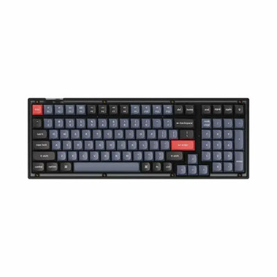 Klawiatura mechaniczna w kolorze czarno-szarym z czerwonymi klawiszami esc i enter.