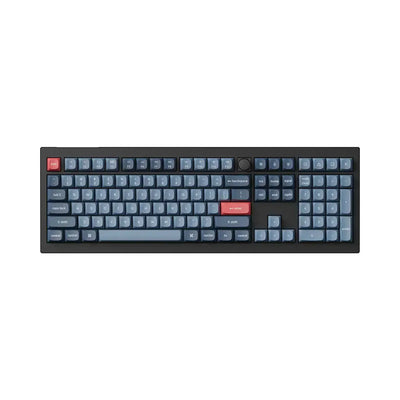 Klawiatura mechaniczna pełnowymiarowa z niebieskimi i czerwonymi keycapami na białym tle