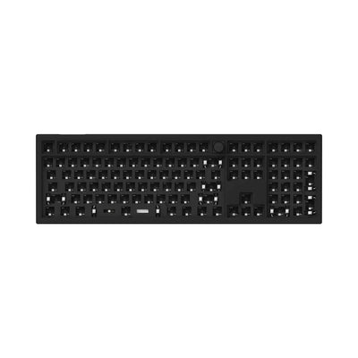 Czarna klawiatura mechaniczna barebone full size z pokrętłem, brak keycapów i switchy, widok z góry