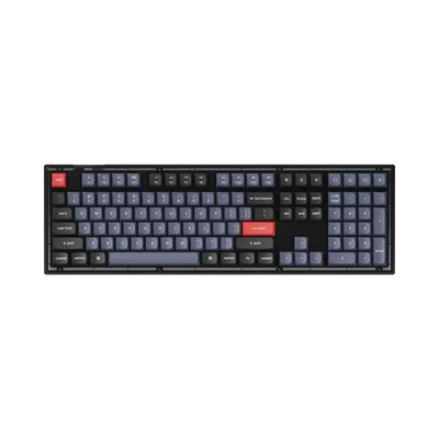 Klawiatura mechaniczna z ciemnymi i czerwonymi keycapami, pełny układ z numpadem