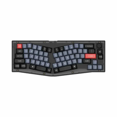 Klawiatura mechaniczna ergonomiczna, czarna, z czerwonymi klawiszami enter i escape.