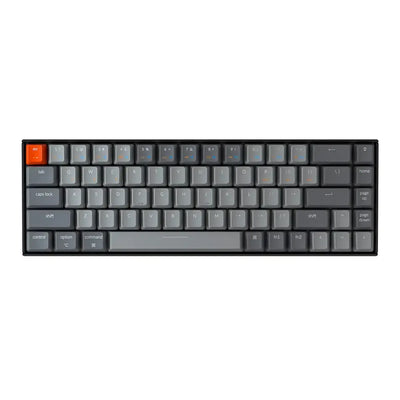 Klawiatura mechaniczna 65% z szarymi klawiszami i pomarańczowym klawiszem ESC, układ kompaktowy