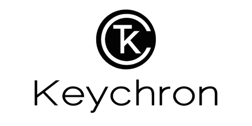 Logo Keychron na białym tle, czarne litery i okrągły znak graficzny, klawiatury mechaniczne