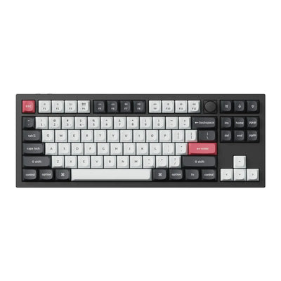 Czarna klawiatura mechaniczna TKL z białymi i szarymi keycapami oraz czerwonymi klawiszami Enter i Esc