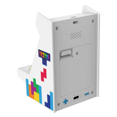 Mini konsola retro arcade Tetris, biały tył, kolorowe klocki, port ładowania USB