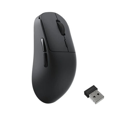 Czarna bezprzewodowa mysz komputerowa z adapterem USB, ergonomiczny design, biuro