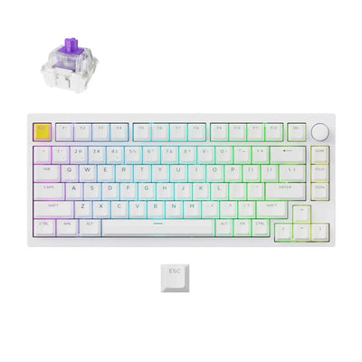 Biała klawiatura mechaniczna gamingowa RGB, aluminiowa rama, podświetlenie, wymienne keycapy i switch.