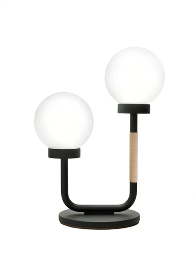 Nowoczesna czarna lampa biurkowa z dwoma kulistymi kloszami LED, idealna do home office
