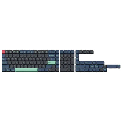 Zestaw keycapów PBT LSA do klawiatury mechanicznej, niski profil, kolor ciemnoniebieski z zielonymi i czerwonymi akcentami.