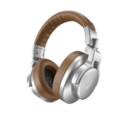 srebrno-brązowe słuchawki nauszne z miękkimi poduszkami do biura lub home office