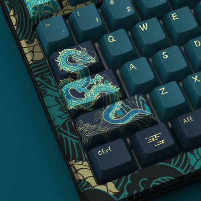 Klawiatura mechaniczna z motywem smoka na keycapach, niebiesko-złote kolory, unikalny design
